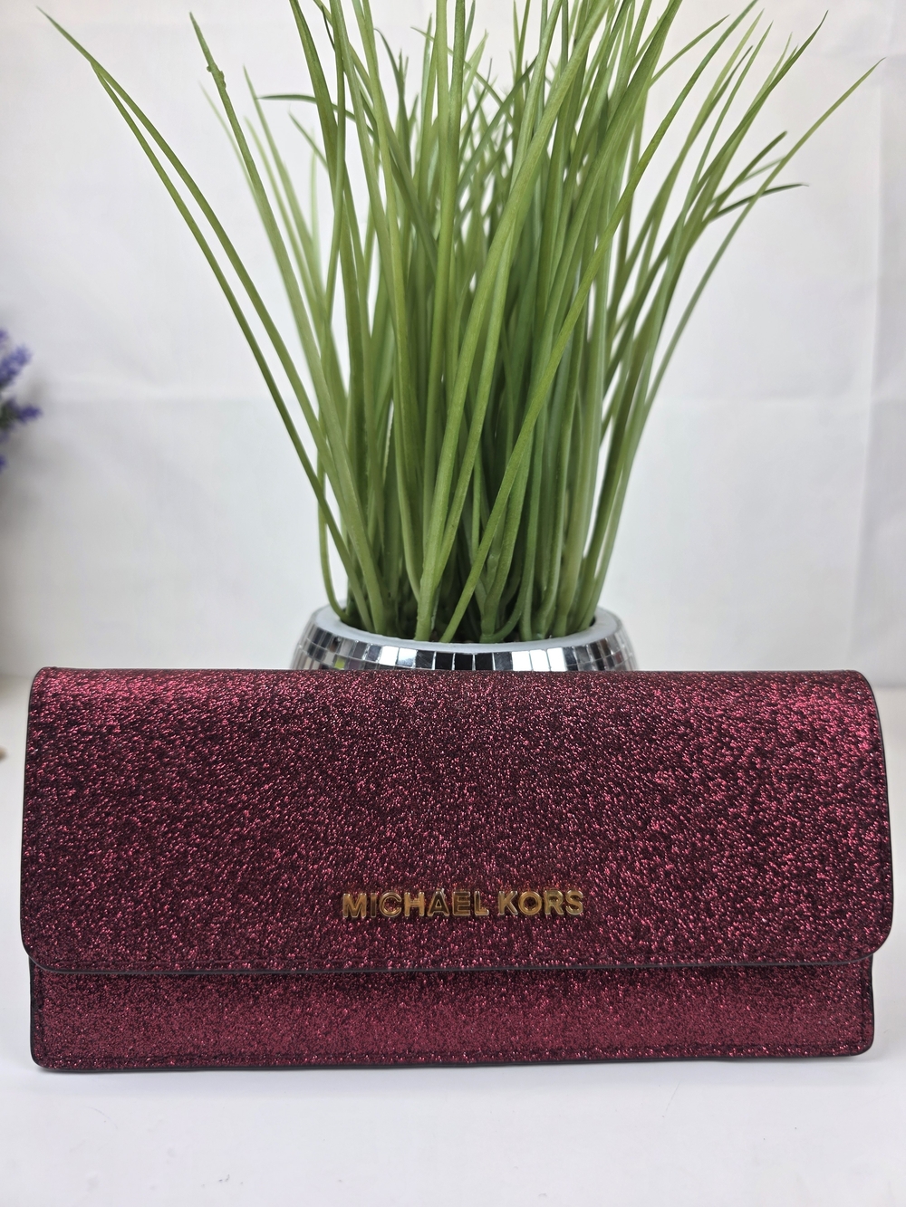Michael Kors Red Cranberry Glitter Flap Leather Slim Wallet Sparkle Holidays